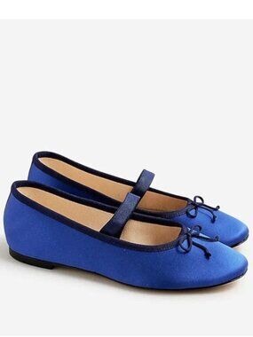 NIB J Crew sz 8 Zoe dark evening blue satin elastic mary jane ballet flats BT898